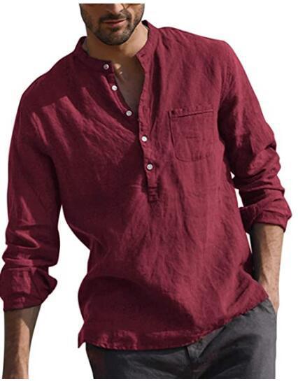 Herren Casual Hemd Mit V-ausschnitt Aus Baumwolle Und Leinen_voghion.com