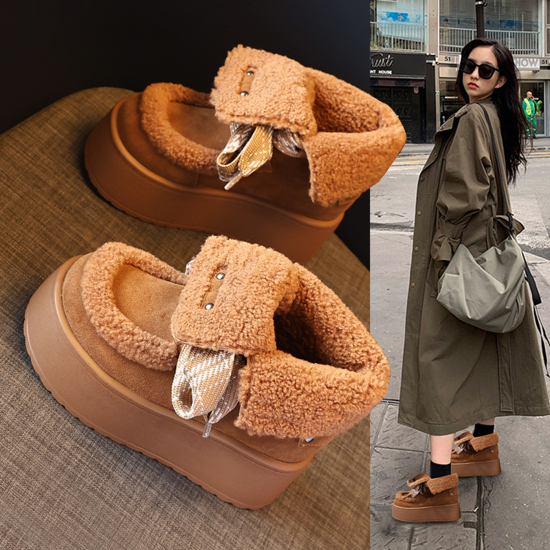 Giày boot nữ cổ cao lót nhung chống trượt đế dày tăng chiều cao — Màu cà phê