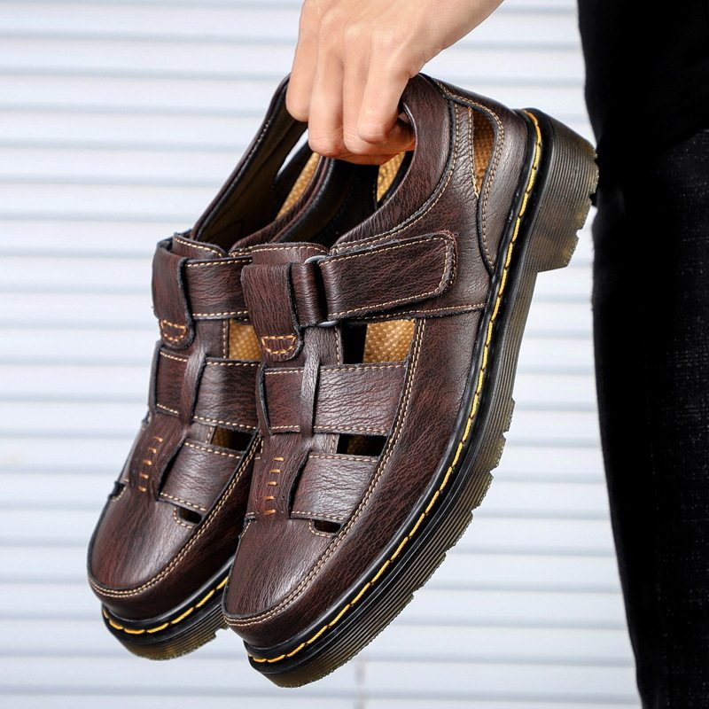 Dép sandal nam da thật bít mũi đế dày dán Velcro cỡ lớn — 202122 màu đen, 202122 đỏ nâu, Màu xám 202122