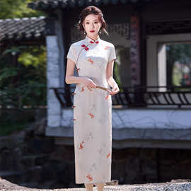 年轻款显瘦金鱼印花双层新中式改良旗袍2025新款女复古短袖旗袍