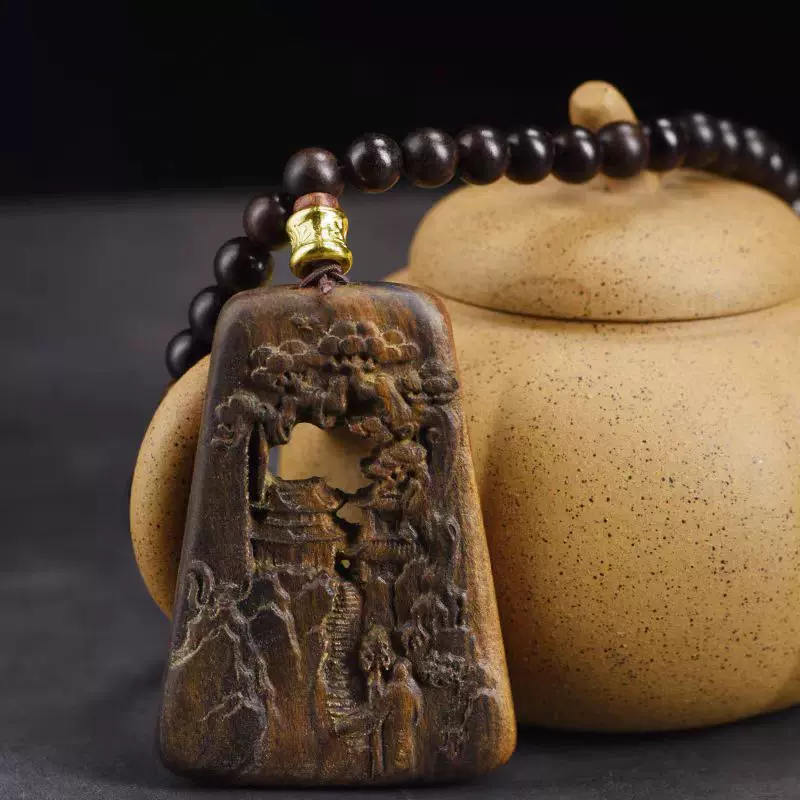 沉香木雕山水胜境平安无事牌手把件山水画文玩46挂牌项链吊坠脖挂