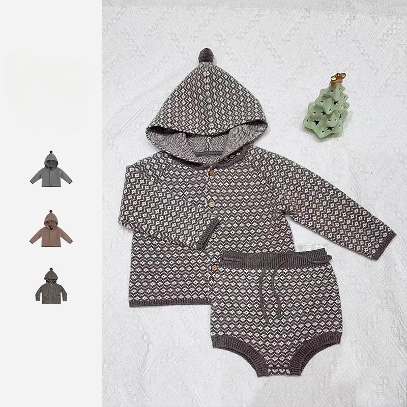 26Th Autumn/Winter Elf Hat Knitted Cardigan Sweater for Boys and Girls, Baby Retro Plaid Soft Christmas New Year Outfit