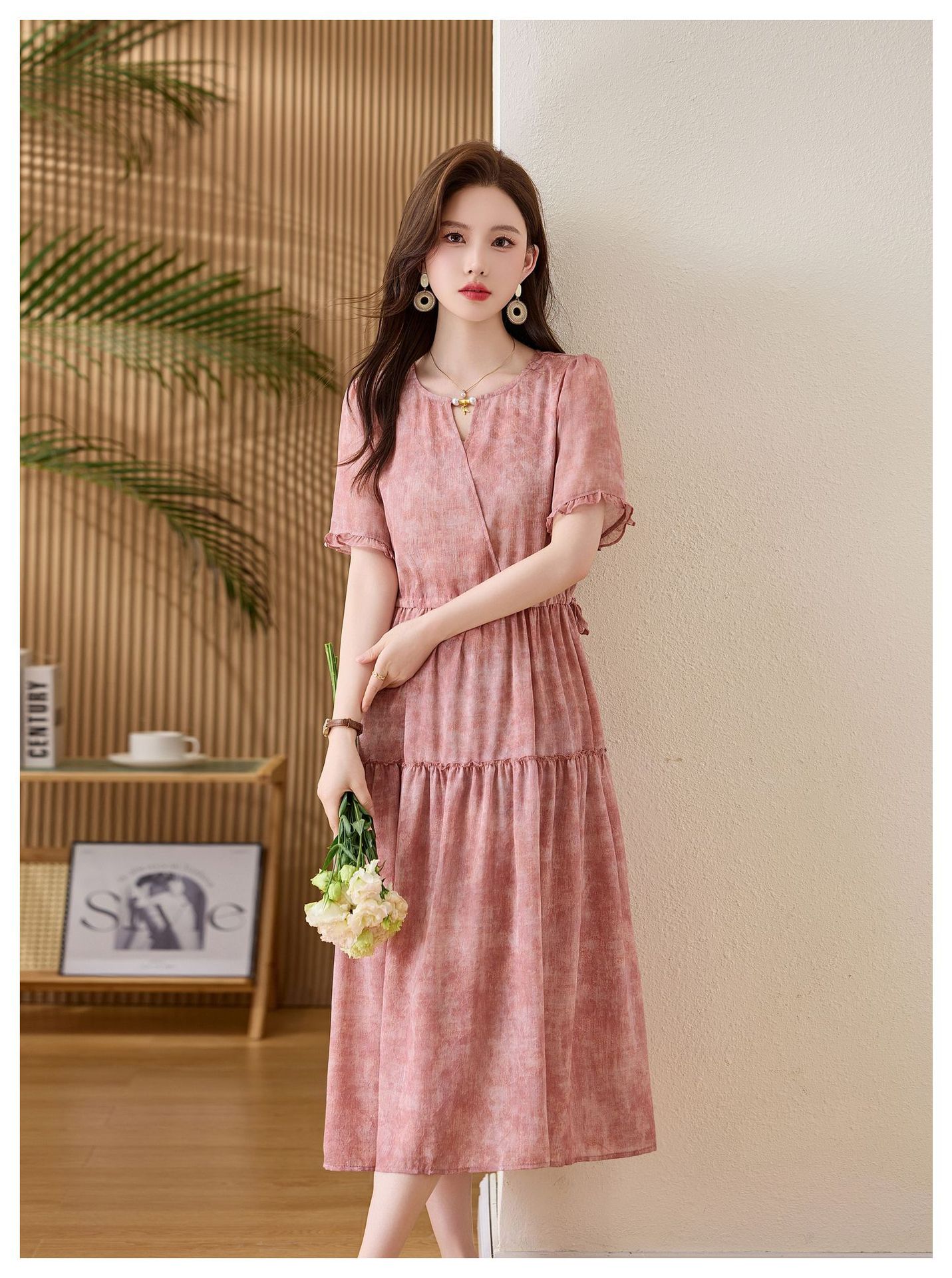 Đầm maxi nữ thắt eo cổ V tay ngắn họa tiết hoa dáng dài GT8207 — xanh lam, Màu hồng chi tiết 24