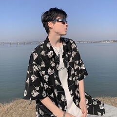 アイスシルクタイダイ半袖シャツメンズハンサムDKナショナルトレンドシャツ夏ヤッピースタイル半袖ジャケット薄手