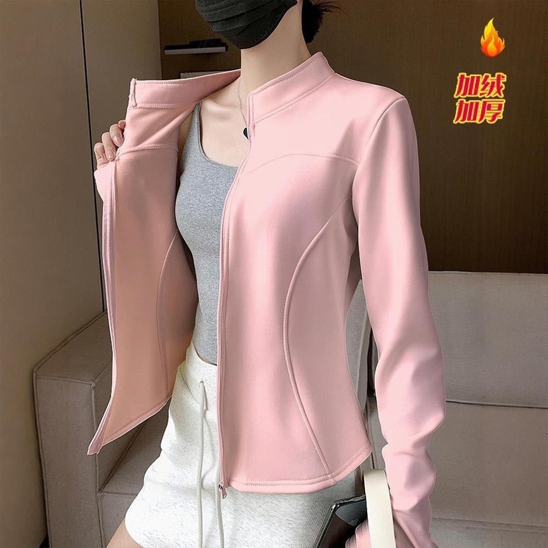 瑜伽外套女秋冬加绒紧身运动休闲服长袖立领拉链保暖上衣弹力修身|undefined
