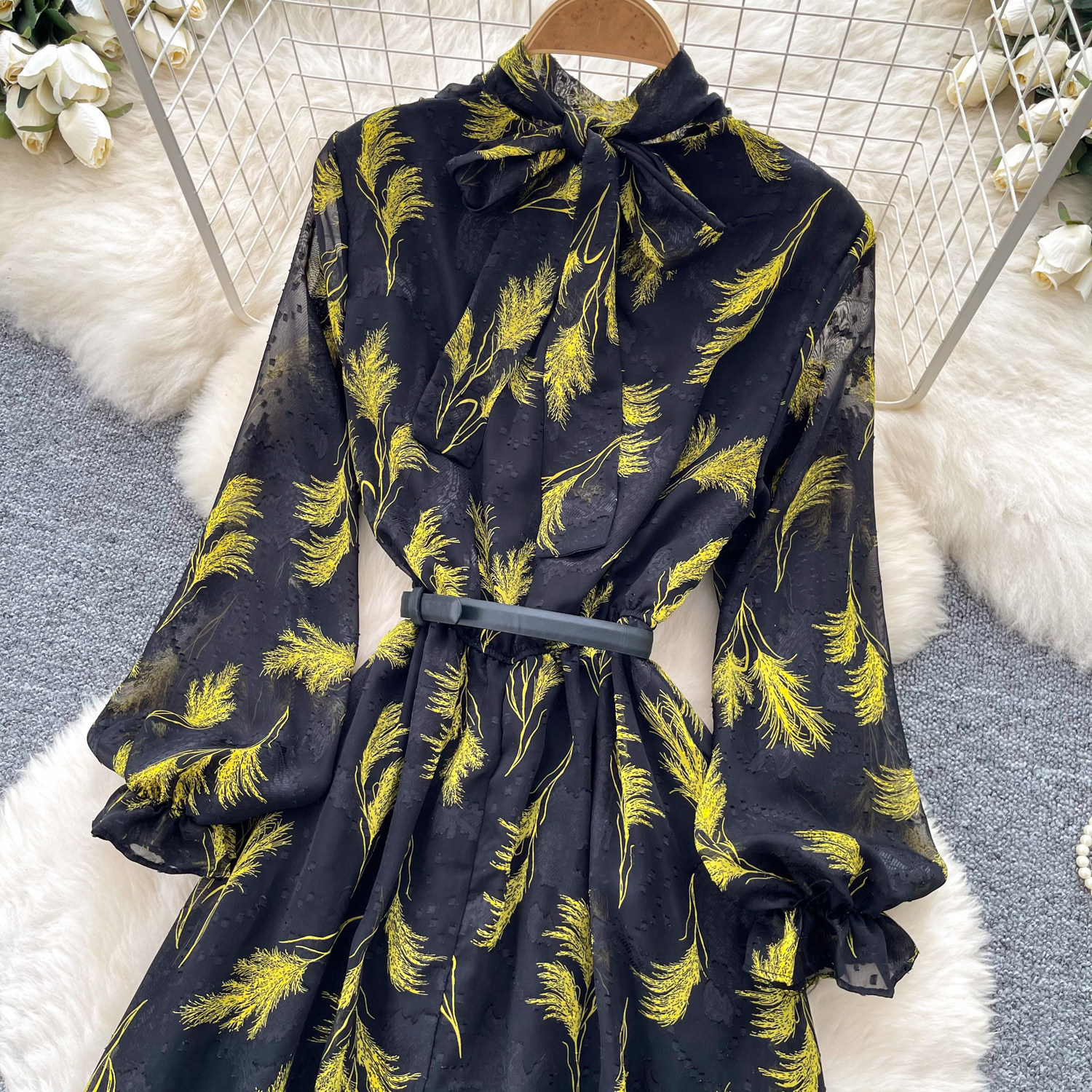 Retro Print Stand Collar Long Sleeve Dress Korean Style Slim Fit Waist Cinching A Line Elegant Long Dress For Women Summer Commuting_ecoleips.com