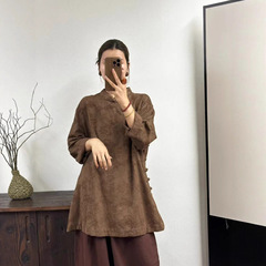 2025秋文艺复古高品质提花亚麻立领斜襟盘扣中长款衬衫百搭上衣女