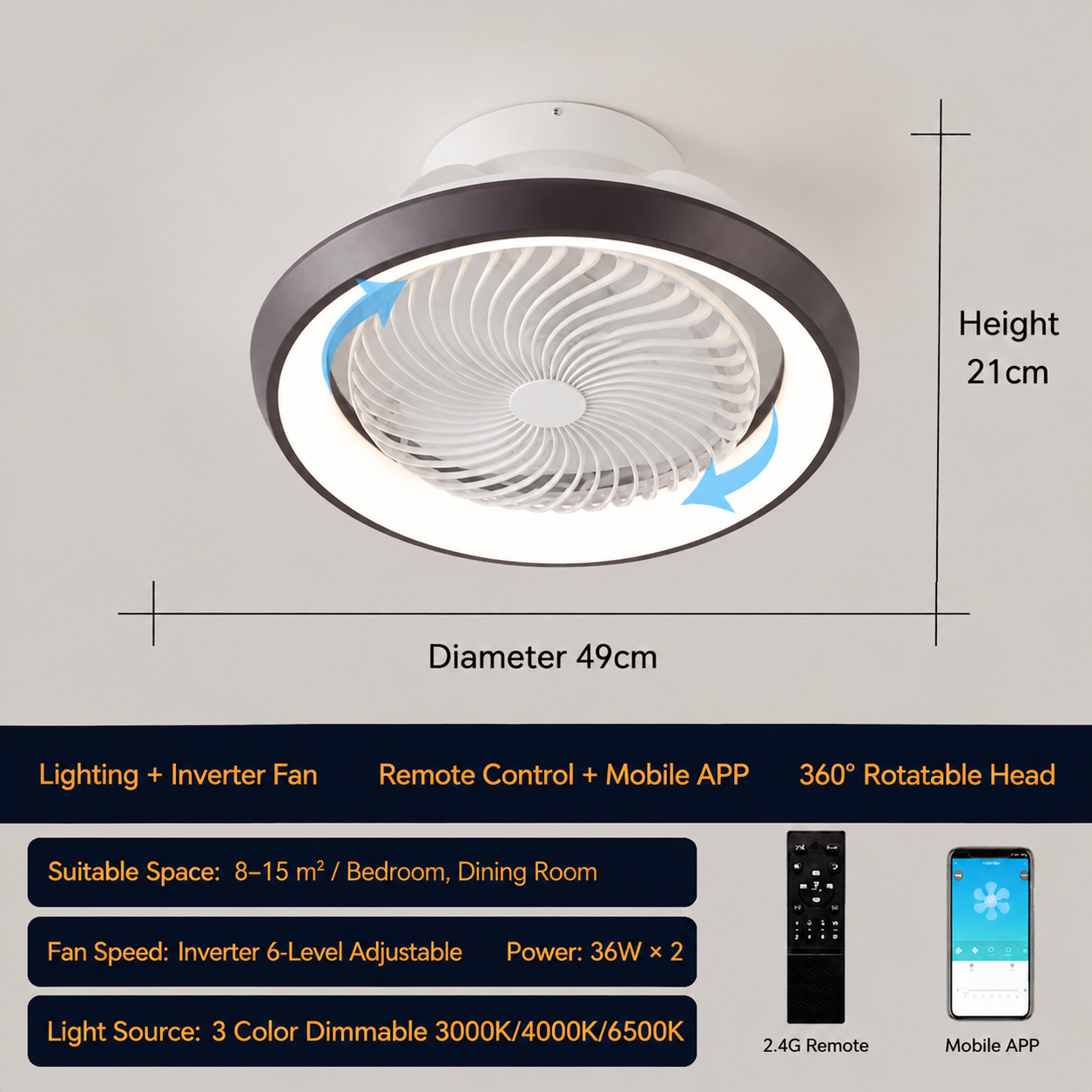 Lámpara Ventilador de Techo 110V de PC y ABS Inteligente con Control Remoto y APP para Dormitorio y Comedor