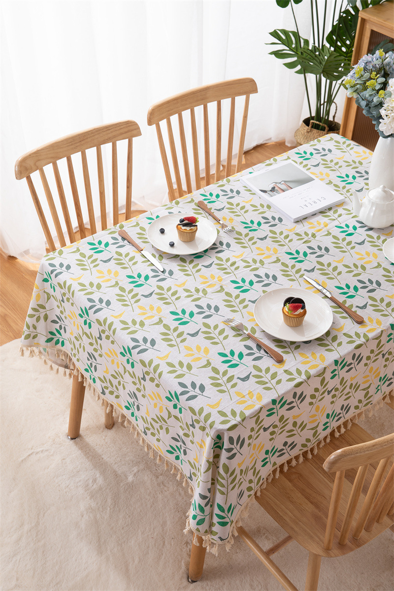 Tovaglia transfrontaliera in poliestere-cotone con nappe e stampa a foglie, tovaglia rettangolare da pranzo, tavolino da caffè_voghion.com
