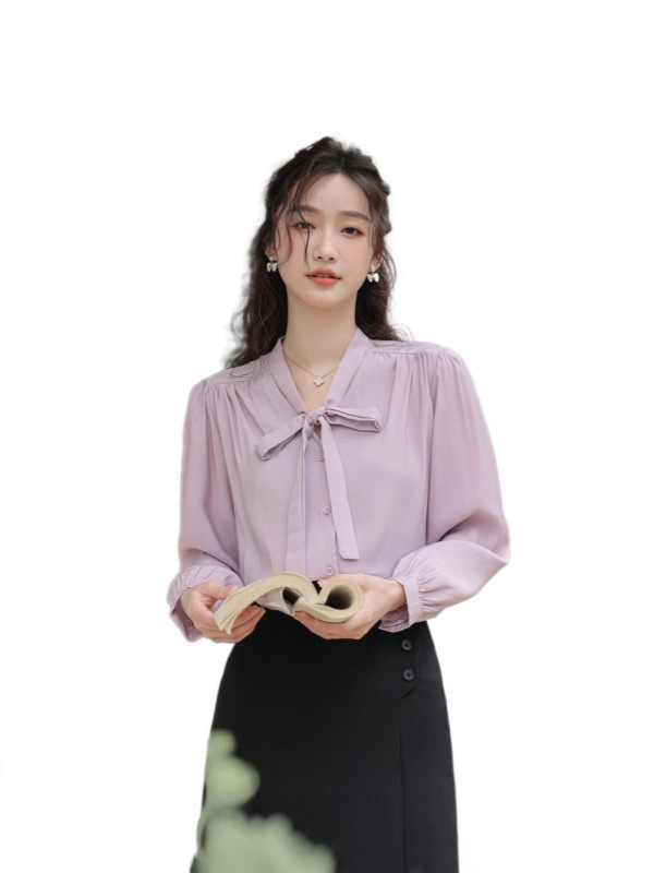 哥家商场同款女装2025秋季时尚百搭白色蝴蝶上衣女法式泡泡袖上衣|undefined