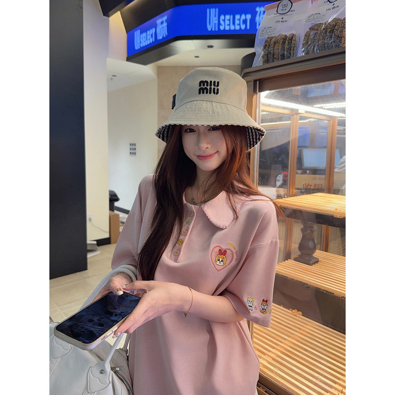法式小香风唯美可爱卡通刺绣短袖T恤夏季新款宽松粉色奶系女上衣|undefined