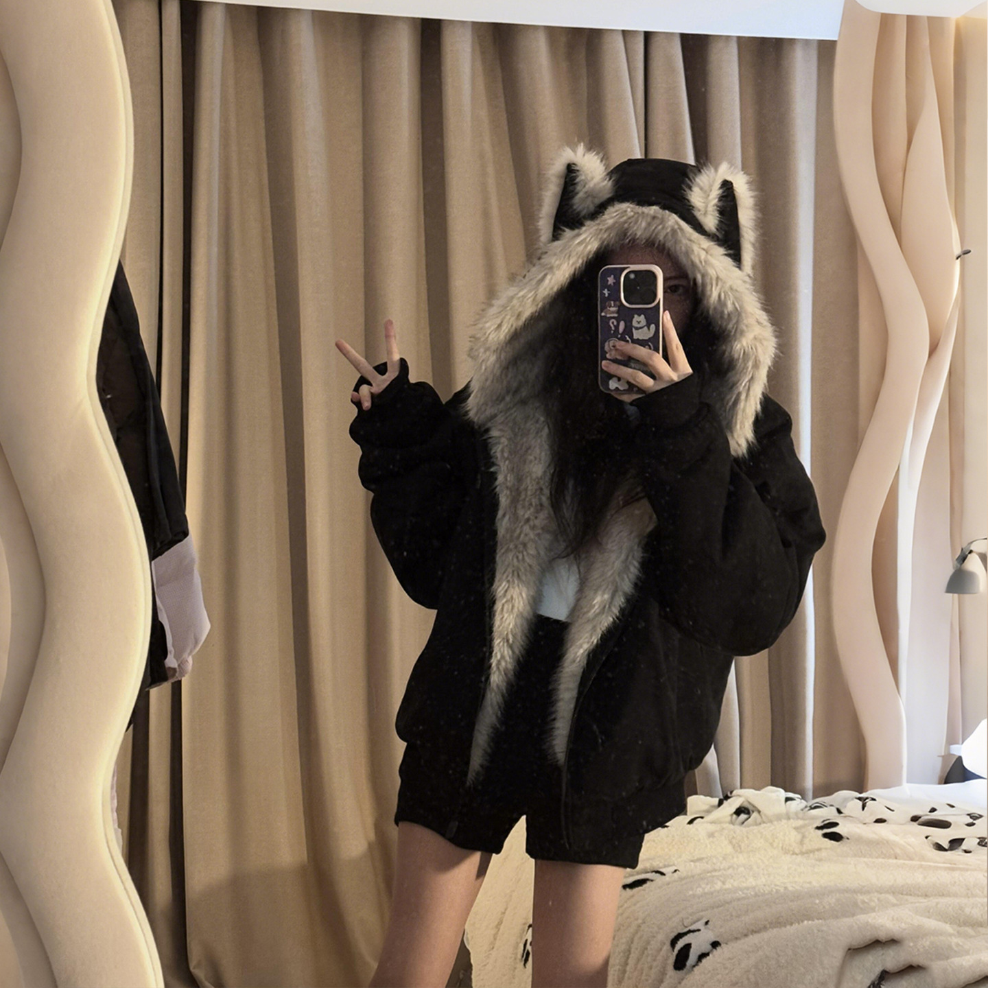 黑色麂皮毛领座山雕猫耳朵连帽外套男女冬季加绒加厚情侣棉衣棉服