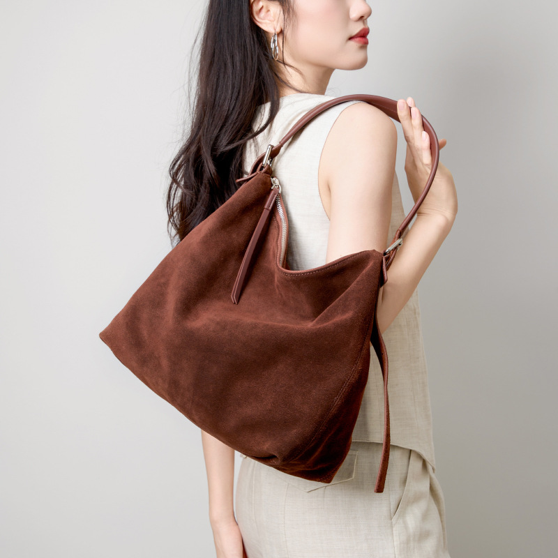 Suede Large Capacity Crossbody Bag For Women, Luxury Commuter Shoulder Bag, Casual Underarm Top Grain Cowhide Tote Bag