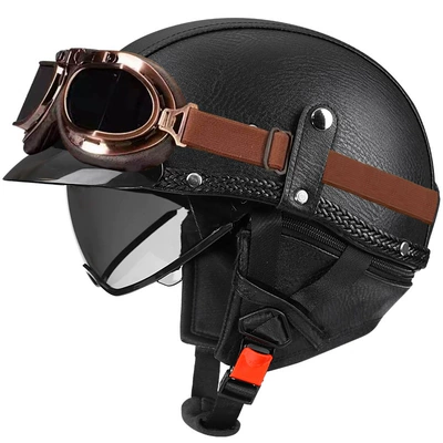 car helmet Japanese scoop helmet, Motosiklet kaskı (dəbilqə) - black-leather-tea-mirrorcopper-mirror-m