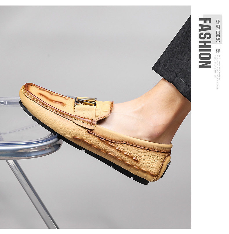 Giày lười nam da bò vân cá sấu mũi tròn, đế bằng, kiểu lái xe cỡ lớn — V6655 màu kaki quý phái, V6655 màu nâu quý ông, V6655 màu đen quý phái, Vàng địa phương V6655 chi tiết 11