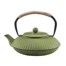 中式日式禅意茶室装饰摆件竖条纹铜绿色扁伞形手工艺术提梁铸铁壶