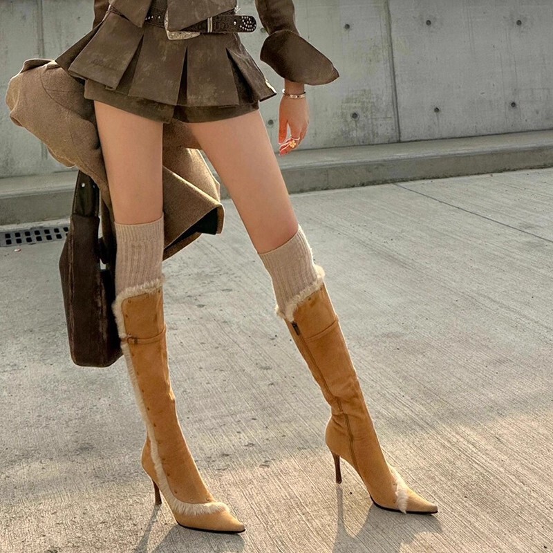 Hot Girl Fashion Pointed-Toe Fashion Boots Women's High-Heeled Side Zipper Slimming Long Motorcycle Boots Women (Tax Not Included)