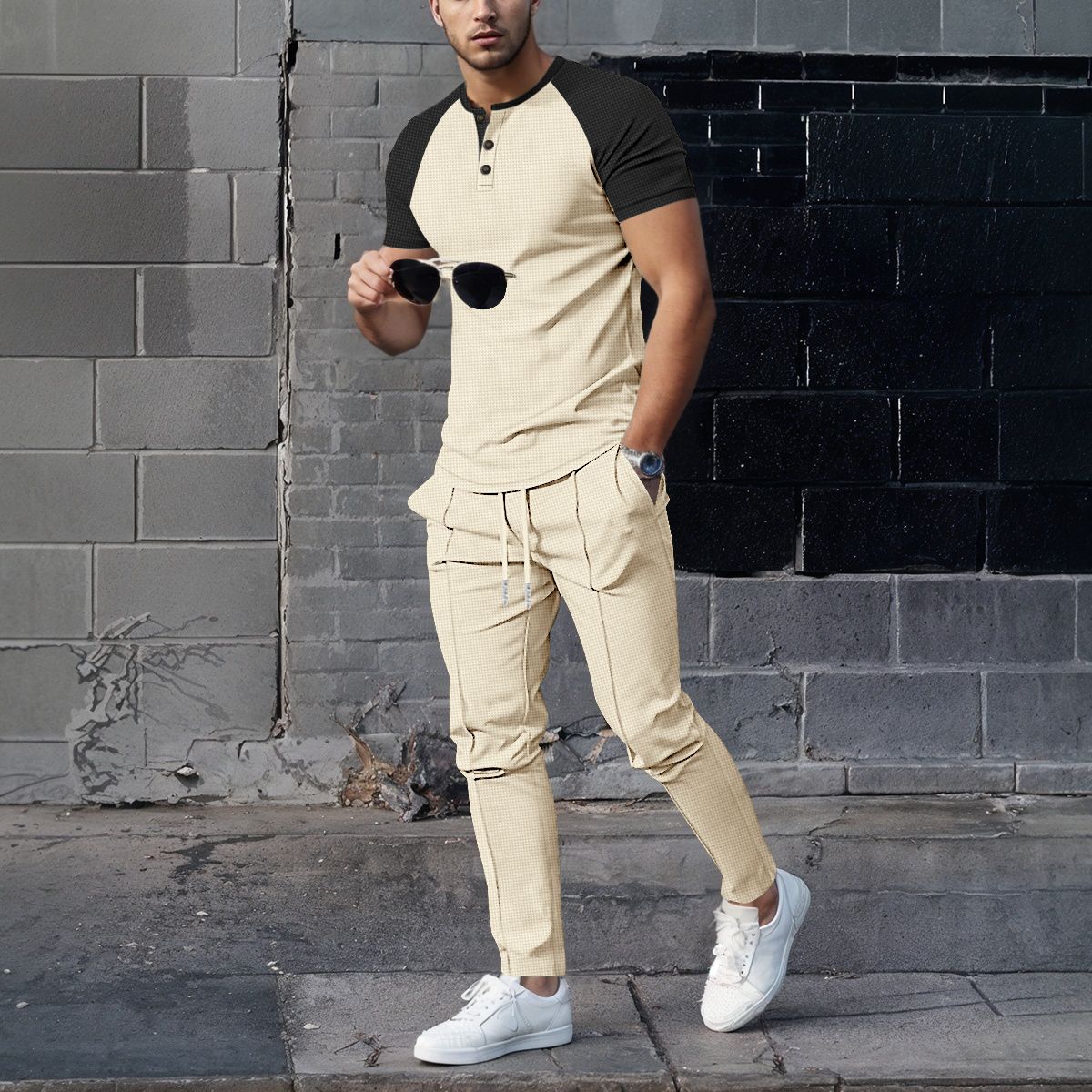 Men's Clothing Men's Summer Waffle Knit Crew Neck Color Block T-Shirt Short Sleeve Casual Outdoor Set For Formal & Casual_viptrois.com
