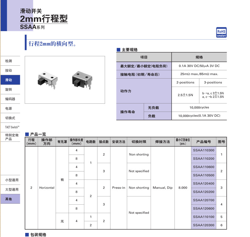 ALPS开关SSAA120300现货/ALPS拨动开关批发
