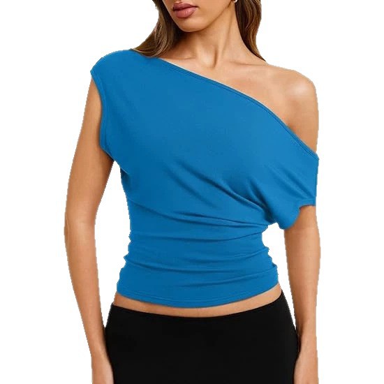 Women's Sexy Off Shoulder Asymmetrical Slim Fit Short Sleeve Top – Side Slash Neck Summer Tee_ecoleips.com