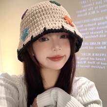 韩版甜美星星针织渔夫帽女秋冬季显脸小手工毛线帽子大头围水桶帽