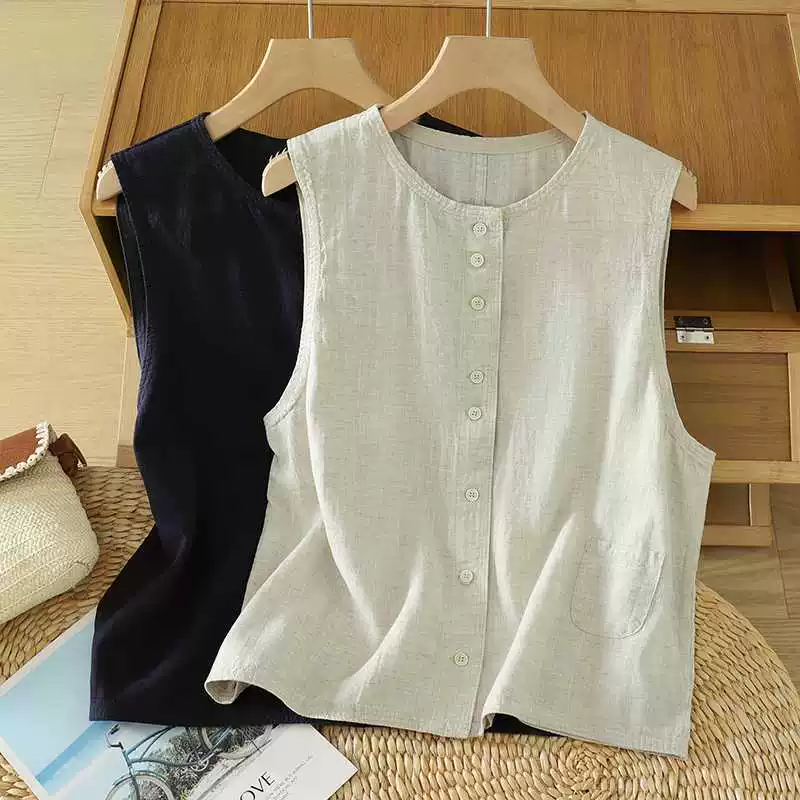 Vest, retro spring summer jacket, cotton and linen, plus size