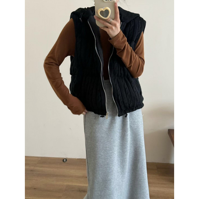 跨境毛线羽绒服马甲洋气时尚保暖无袖连帽背心秋冬女马夹外套潮|undefined