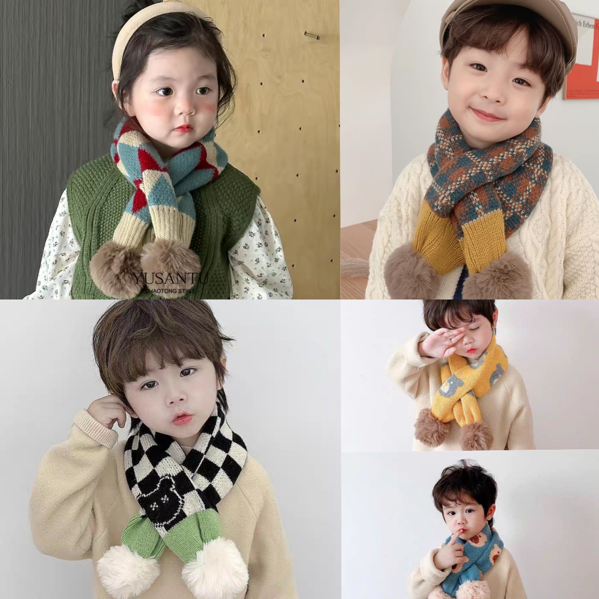 Korean-style children's scarf for autumn and winter, warm plaid neck warmer for boys and girls, suitable for toddlers and infants, cross-neck baby neck warmer