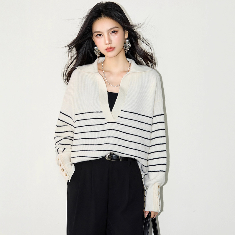 2025新款条纹毛衣女早秋白色翻领针织衫慵懒风简约松弛感休闲毛衫|undefined