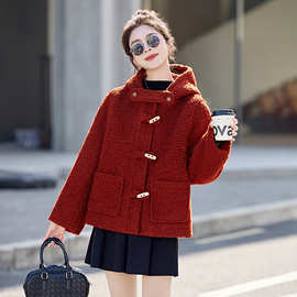 红色牛角扣短款连帽大衣小个子2025秋冬新款圈圈毛呢外套女BX6118