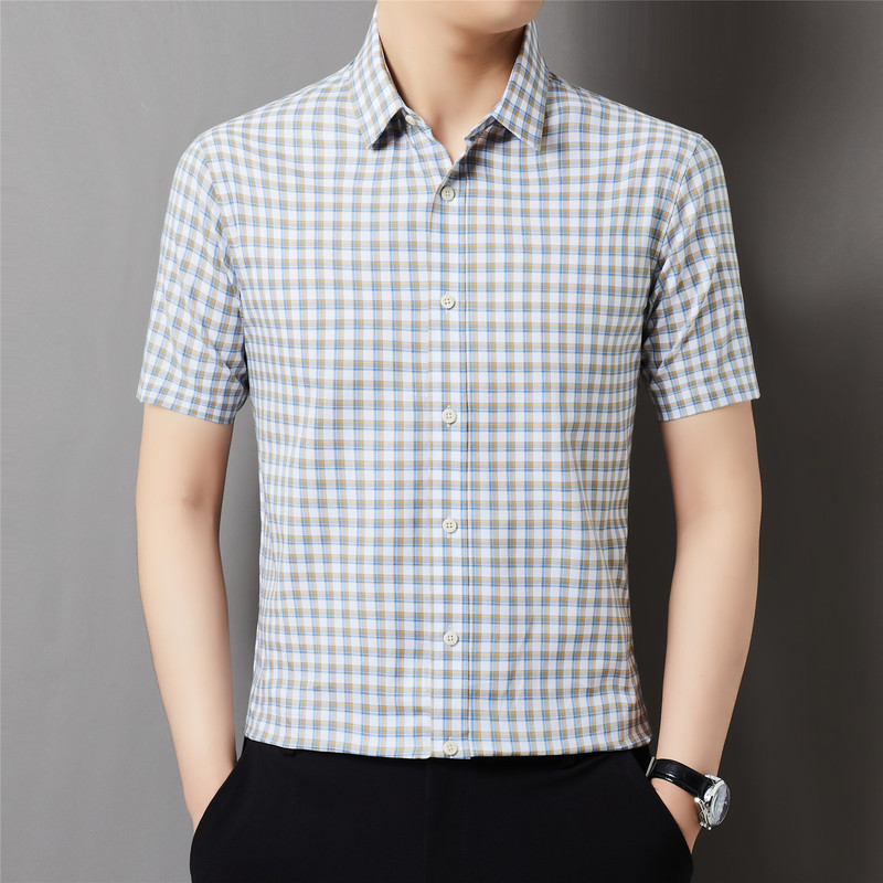100% Pure Cotton Short-Sleeved Plaid Shirt Luxury Men's Classy Casual Simple Versatile No-Iron Trendyy Shirt Top