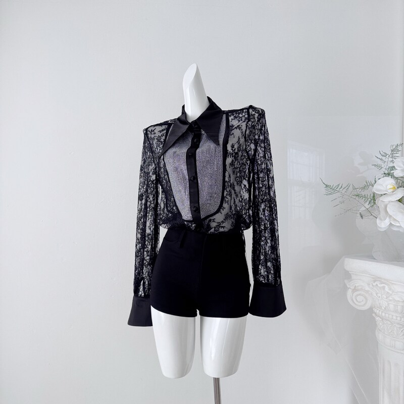Purely Alluring Rhinestone Lace Hollowed-Out Semi-Transparent Slimming Elegant Versatile Women's Shirt Purely Alluring Rhinestone Lace Hollowed-Out Semi-Transparent Slimming Elegant Versatile Women's Shirt