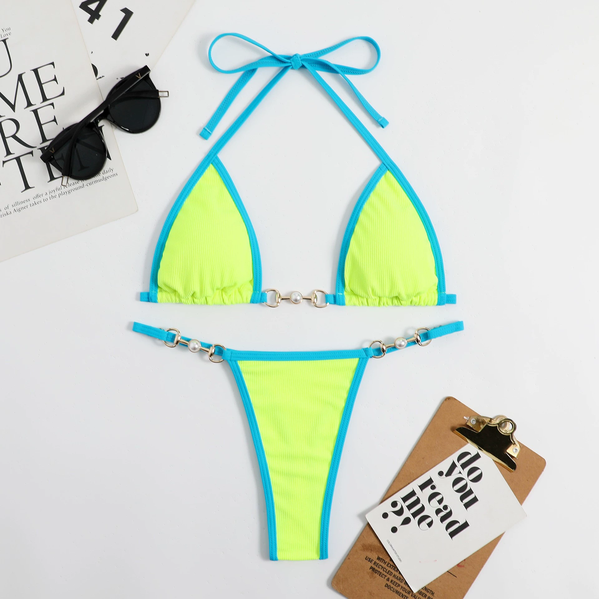 Swimwear, split cloth, multicoloured golden accessory