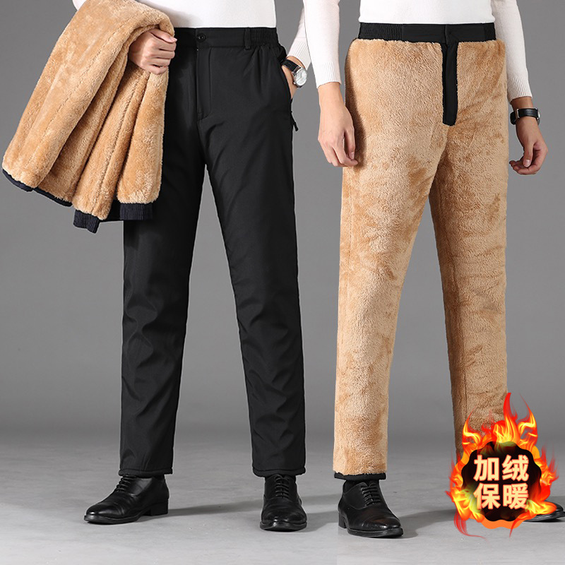 Men's fleece-lined straight-leg casual trousers, father's trousers, middle-aged and elderly men's trousers, warm and thickened plus size autumn and winter dress trousers