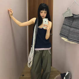 现货 日系抽绳翻边腰工装阔腿裤春夏女百搭显瘦撞色直筒裤coyse*o