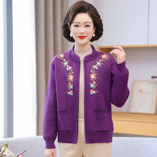 Winter and Autumn Outwear for Middle-Aged and Elderly Women, Cashmere Sweater Set with Additional Thickenings, Knitted Cardigan for Grandmother and Mother, Warm Clothing for Elderly Women
