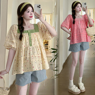 Pregnant Women's Shirt 2024 Summer New Sweet Square Collar All-match Shirt Fashion Stitching Pregnant Women's Top