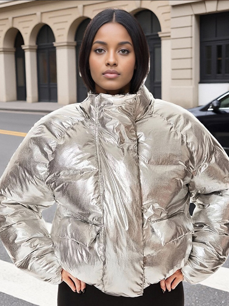 Temperamento de moda encapuchado estilo brillante manga larga abrigo de algodón corto 2025, otoño y invierno nuevo estilo europeo y americano transfronterizo