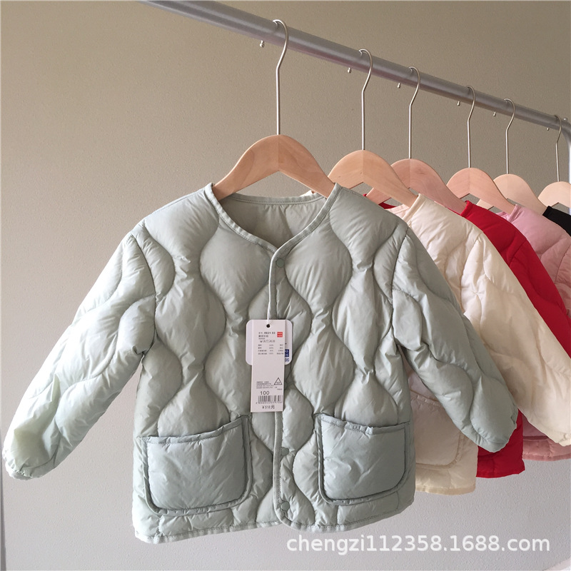 Off-season 90 White Duck Down Children's Down Liner Lightweight Short Boys' Girls' Baby Ripple Crewneck Solid Color Long Sleeve