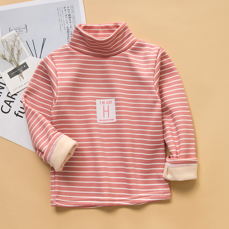 2025 camisa de fondo para niños, cuello medio alto más terciopelo, niños y niñas, rayas, manga larga, abrigo, ropa infantil coreana de moda de otoño e invierno