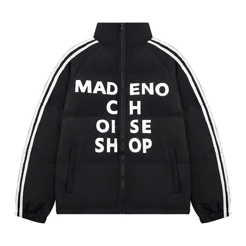 冬季新款个性字母印花三条杠宽松棉服男潮牌青春时尚中性棉衣外套