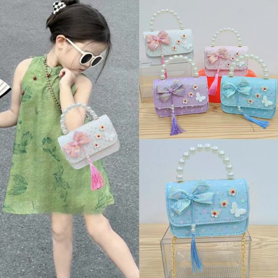 Niños pequeños viento fragrante hombro alto sentido de la chica antigua bolso de cambio princesa perla accesorios de ropa china portátil mochila