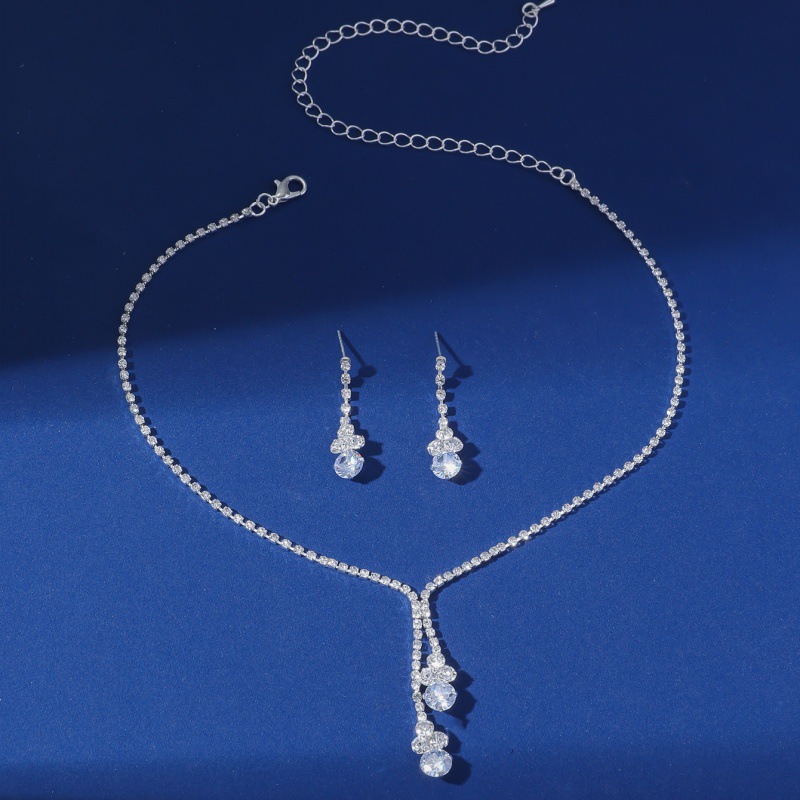Conjunto de novia de tres piezas, collar, pendientes, cadena de estrás, joyería para banquetes_voghion.com