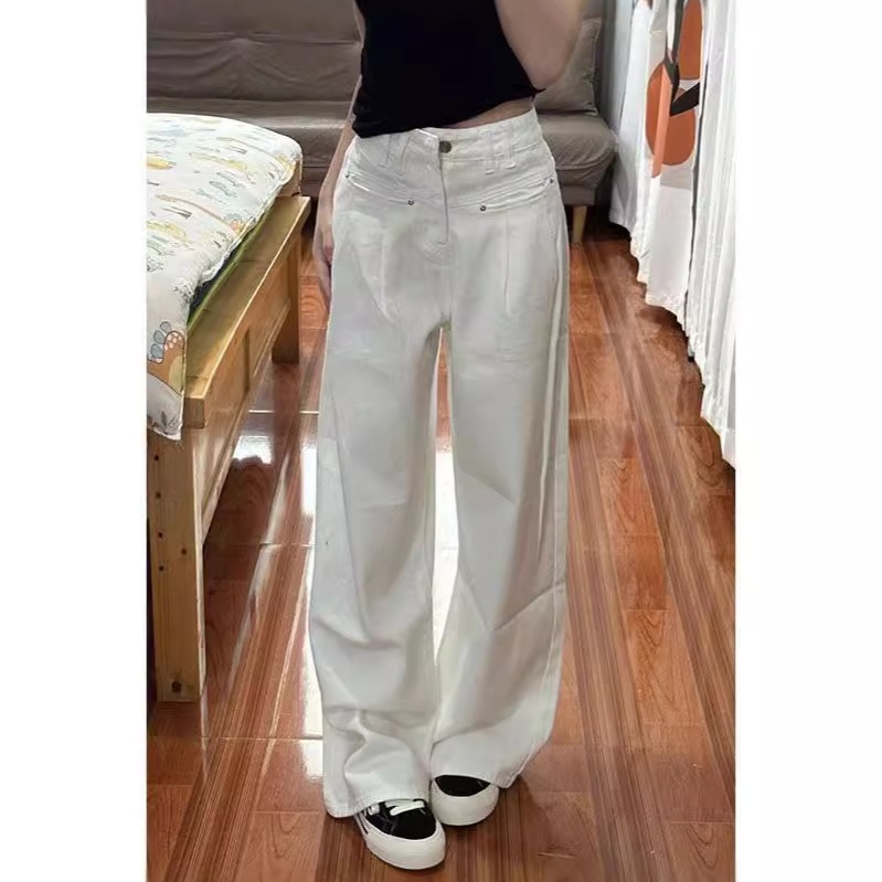 White High-Waisted Jeans for Women, Autumn Street Style, Loose Straight Wide-Leg Couple Long Pants, Floor-Length Pants