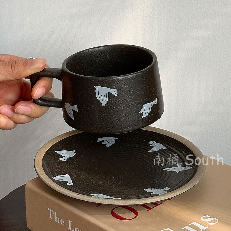 复古粗陶黑色燕子归咖啡杯碟小众高颜值下午茶水杯拉花拿铁杯礼物|undefined