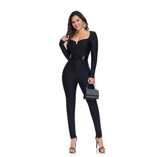 Cross-border exclusive for European and American fashion sexy hotties v-neck long-sleeved one-piece slim bandage jumpsuit factory wholesale