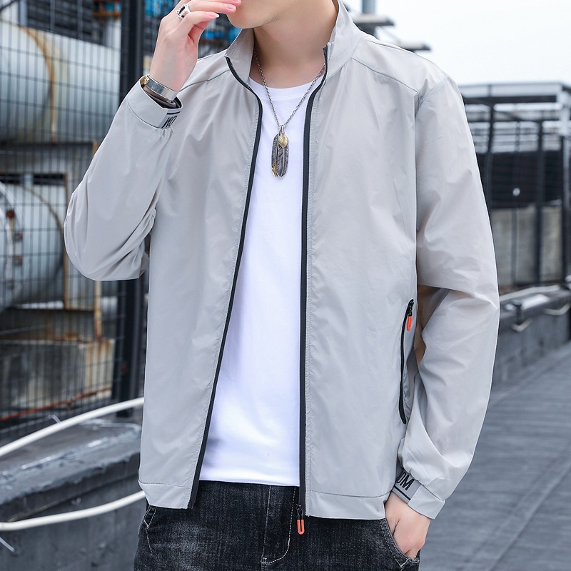 Verano nuevos hombres ropa de protección solar chaqueta seda del hielo estilo coreano moda al aire libre delgada capa piel collar soporte ocasional
