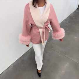 秋冬跨境毛毛名媛欧美女装毛呢大衣外套气质女秋跨境袖口系带