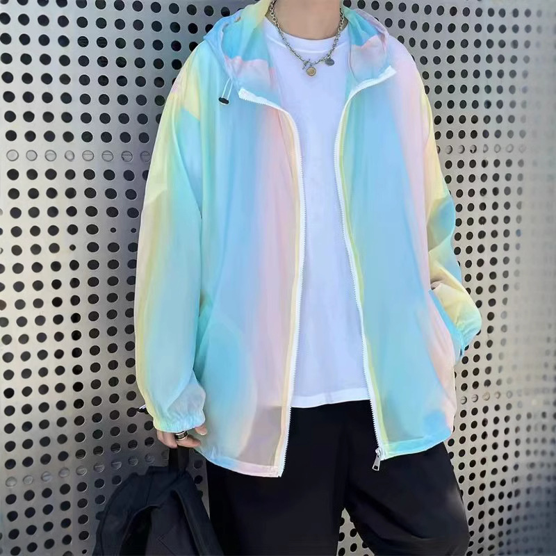 Ice Silk Ultra-thin Niche Hooded Sun Protection Clothing Men's Outdoor Rainbow Gradient Sports Skin Clothing Fishing Sun Protection Clothing Jacket