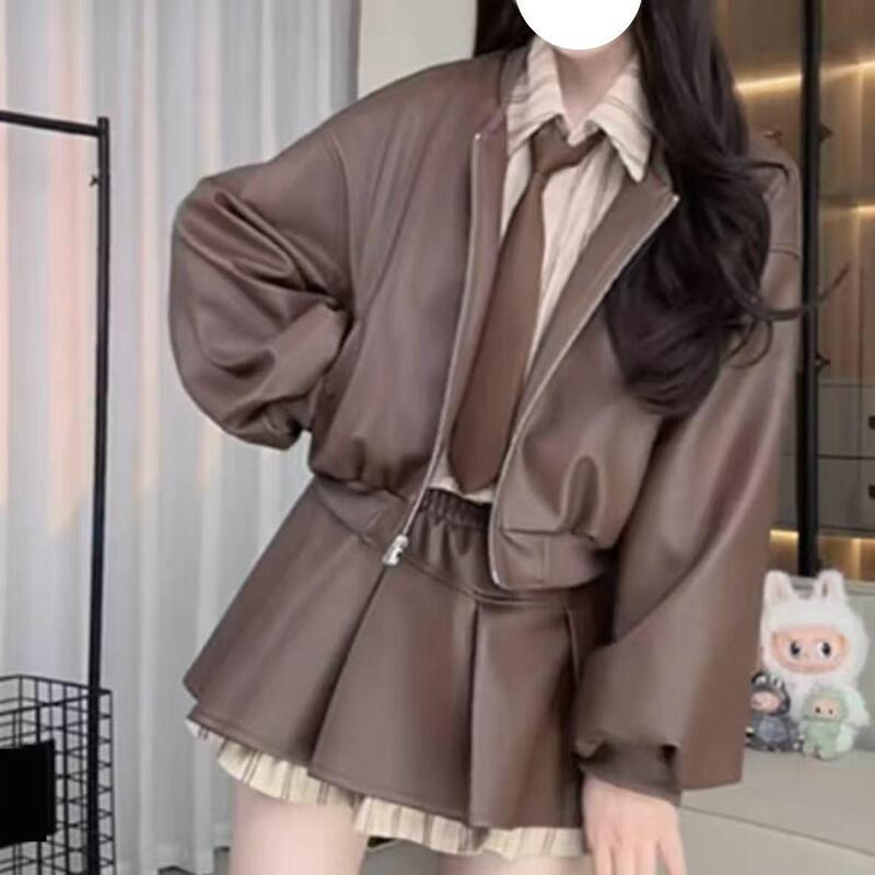巨好看秋冬季设计感衬衫拼接皮衣外套显瘦半身裙三件套半裙|undefined